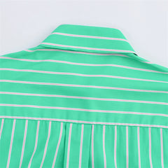 Women Green Long Sleeve Striped Collar Shirts