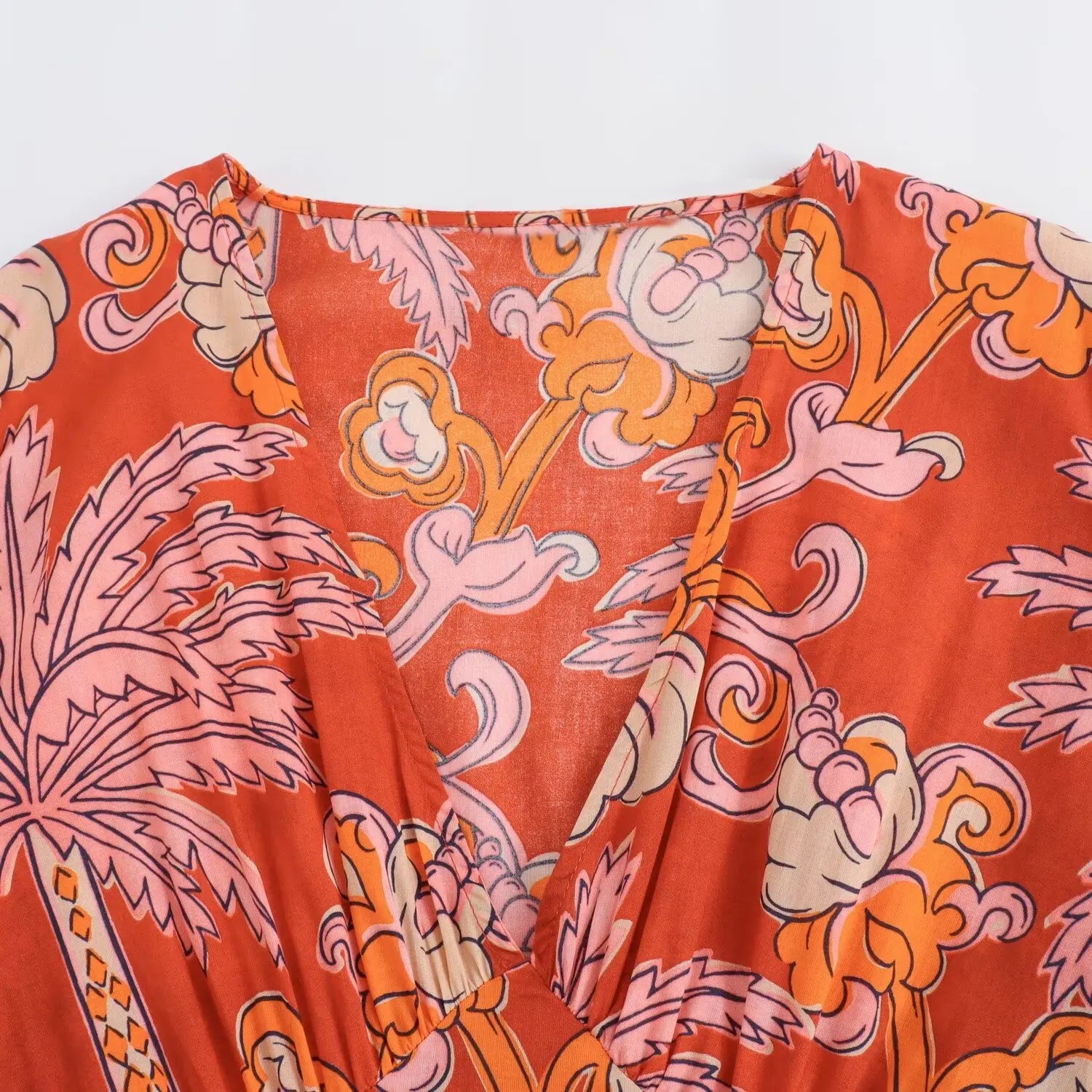 Women Casual Printed Pleats Short Sleeve Midi Dress