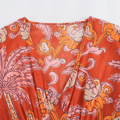 Women Casual Printed Pleats Short Sleeve Midi Dress