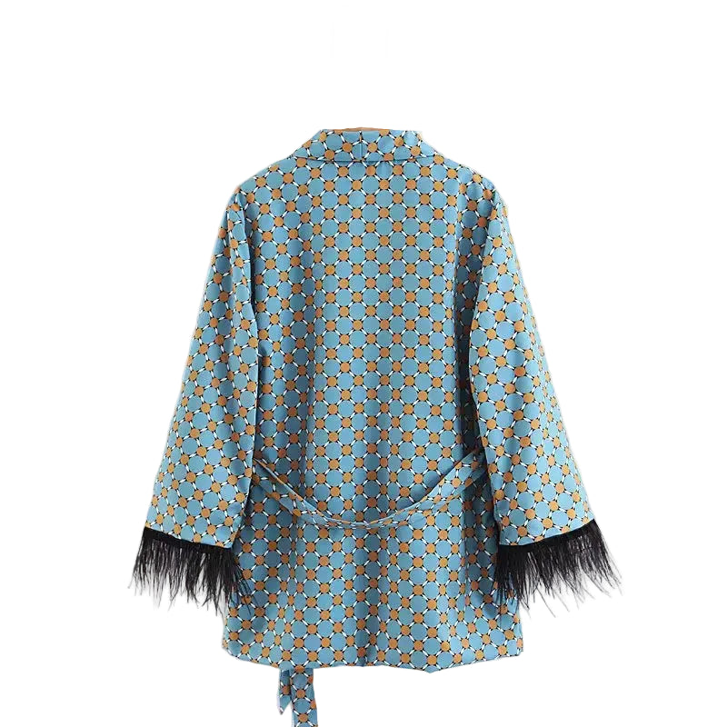 Women Kimono Jacket with Feather Detail + Pants Set