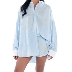 Women Striped Long Sleeve Button-down Shirt with Shorts Co Ords