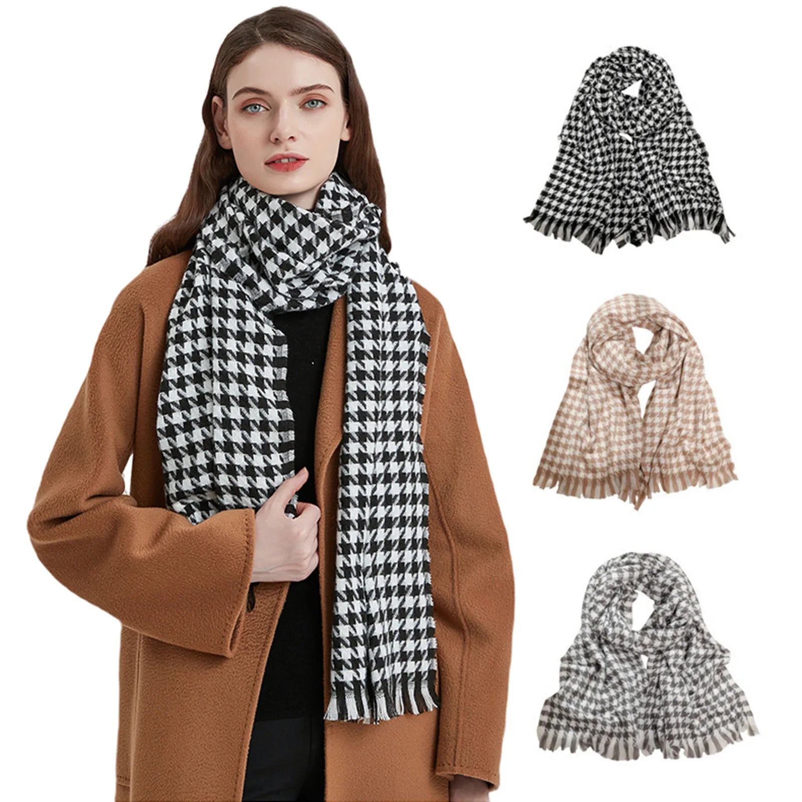 Women Tassel Plaid Headdress Warm Scarf