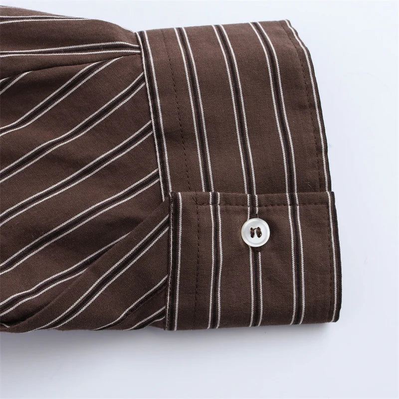 Women Long Sleeves Vertical Stripe Formal Shirt