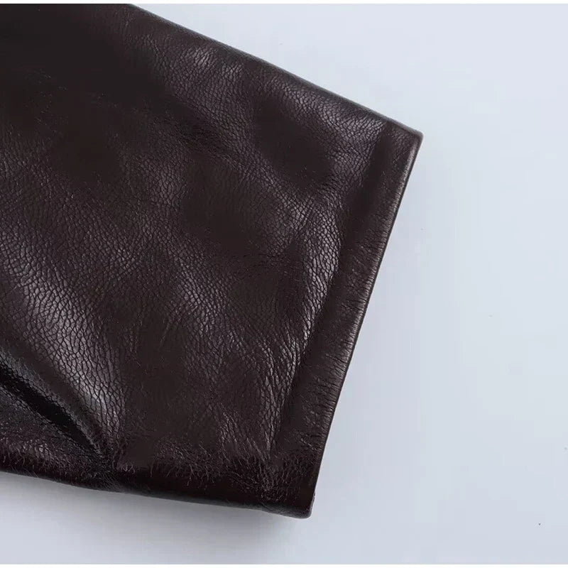 Women Leather High Waist A-line Skirt Suits
