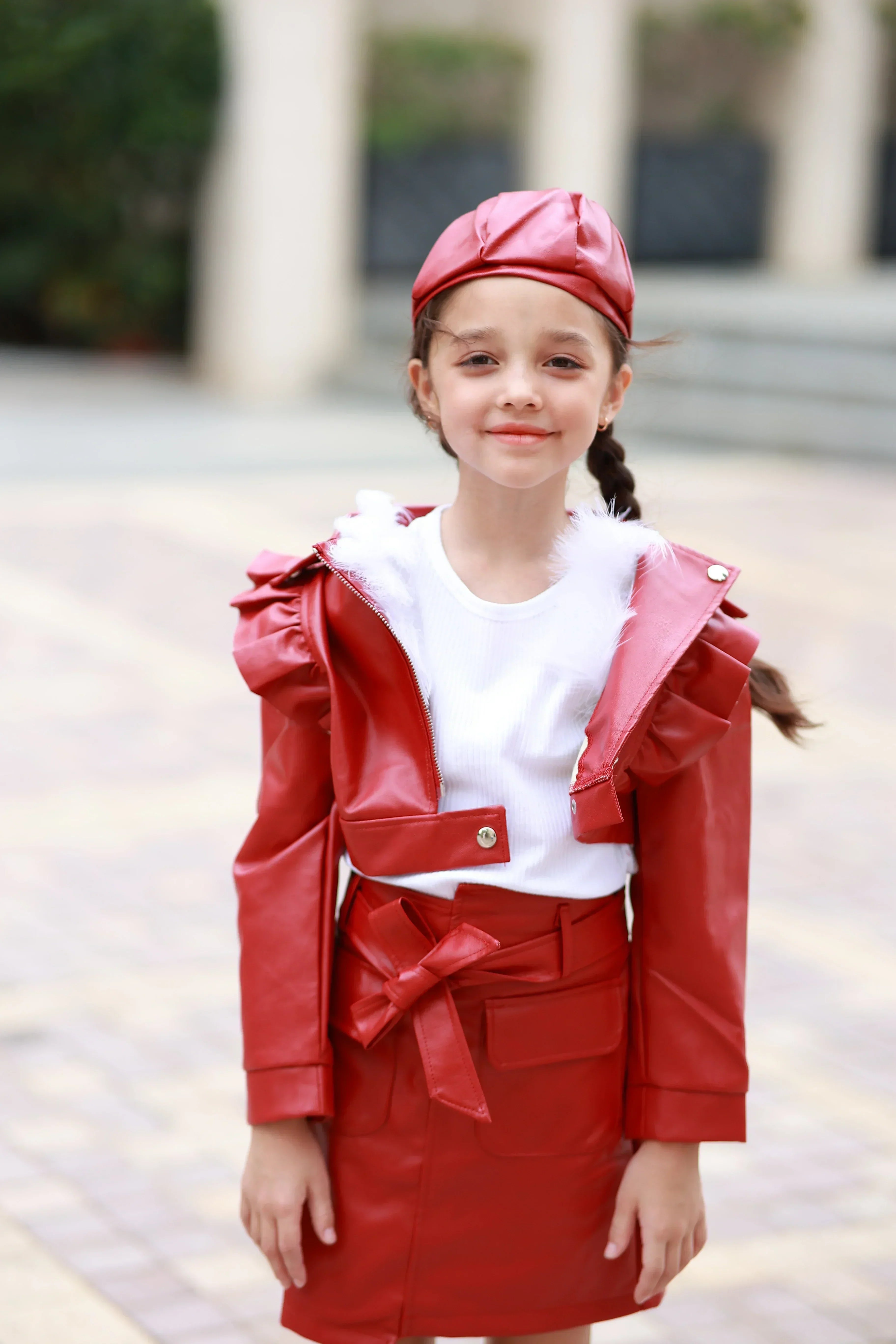 Kids Girl Ruffled Lapel Zipper Leather Motorcycle Jacket + Hat