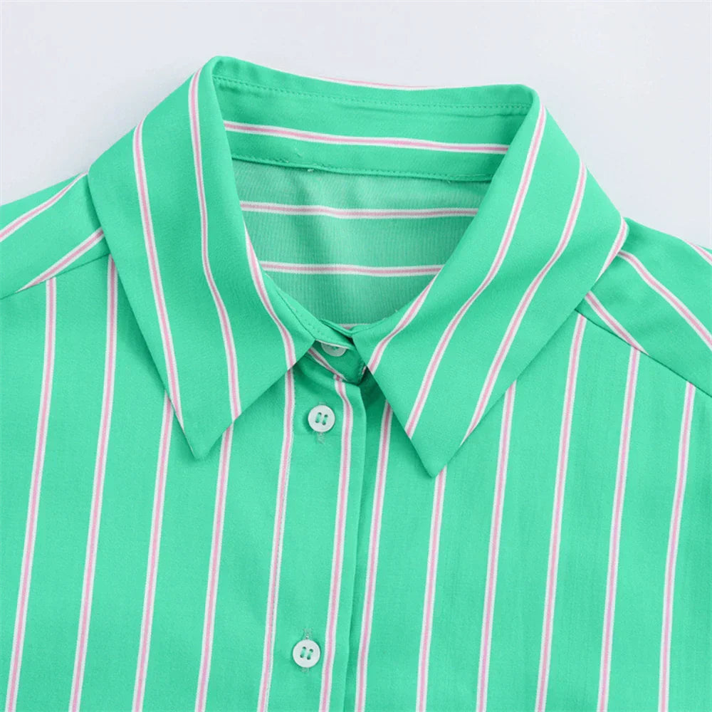 Women Green Long Sleeve Striped Collar Shirts