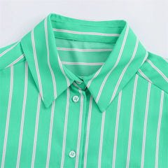 Women Green Long Sleeve Striped Collar Shirts