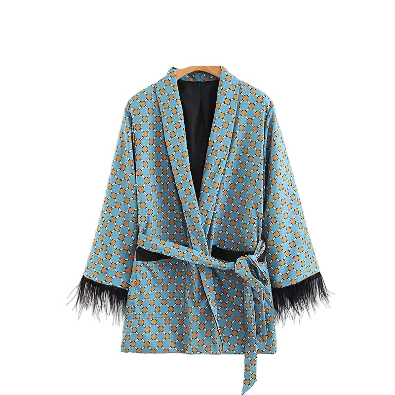 Women Kimono Jacket with Feather Detail + Pants Set