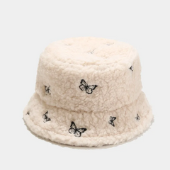 Women Creative Butterfly Embroidery Plush Bucket Hat
