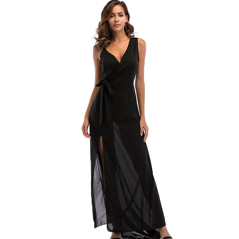 Women Black Deep V-Neck Sleeveless Long Split Dress