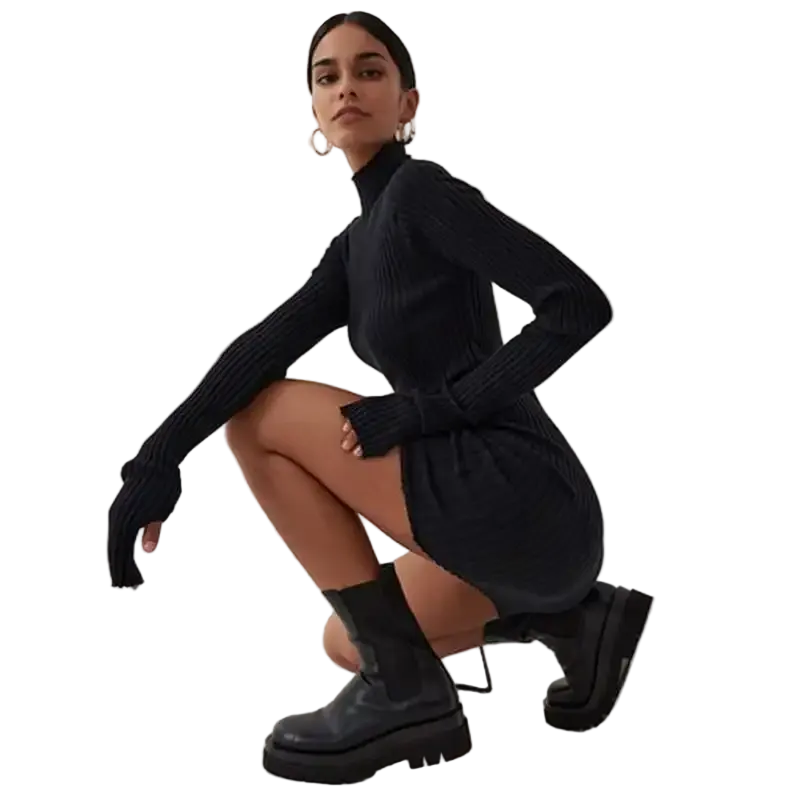 Women Casual Long Sleeve Rib-Knitted Dress