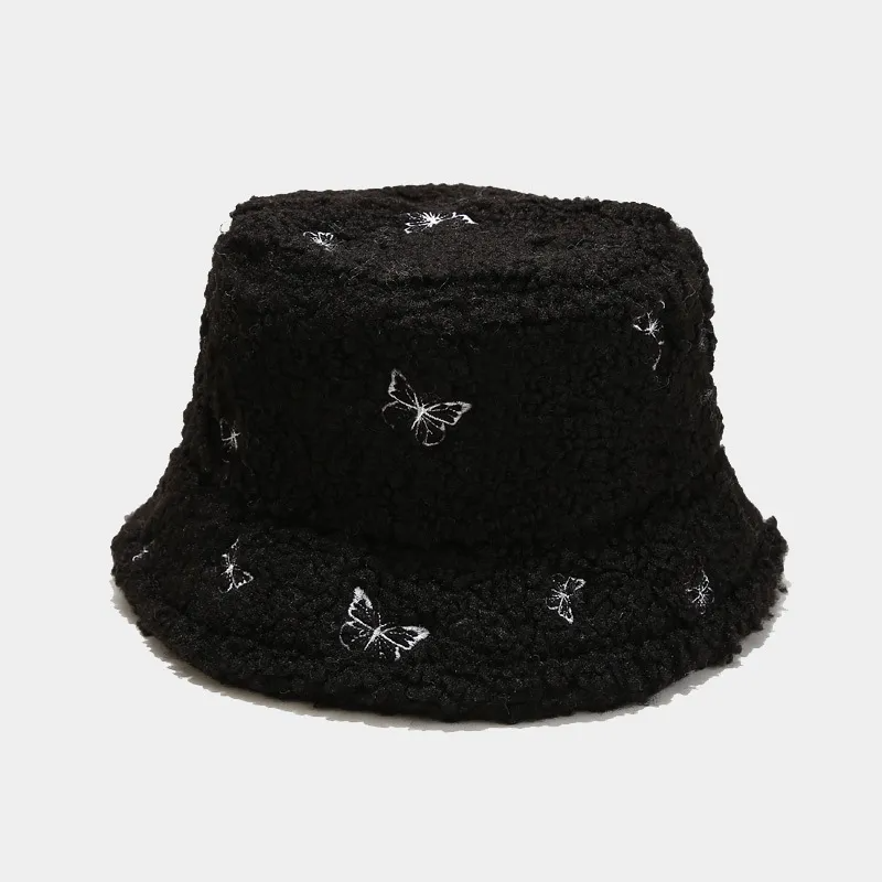 Women Creative Butterfly Embroidery Plush Bucket Hat