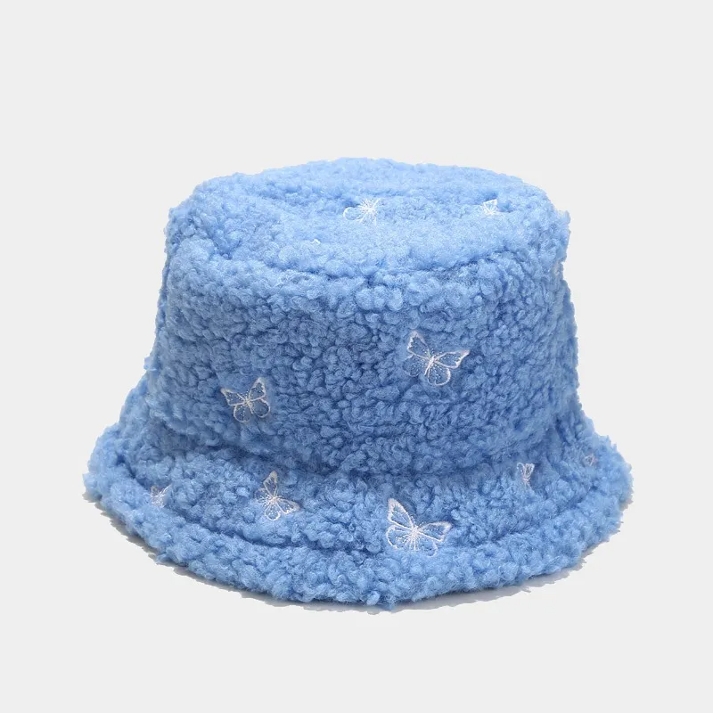 Women Creative Butterfly Embroidery Plush Bucket Hat