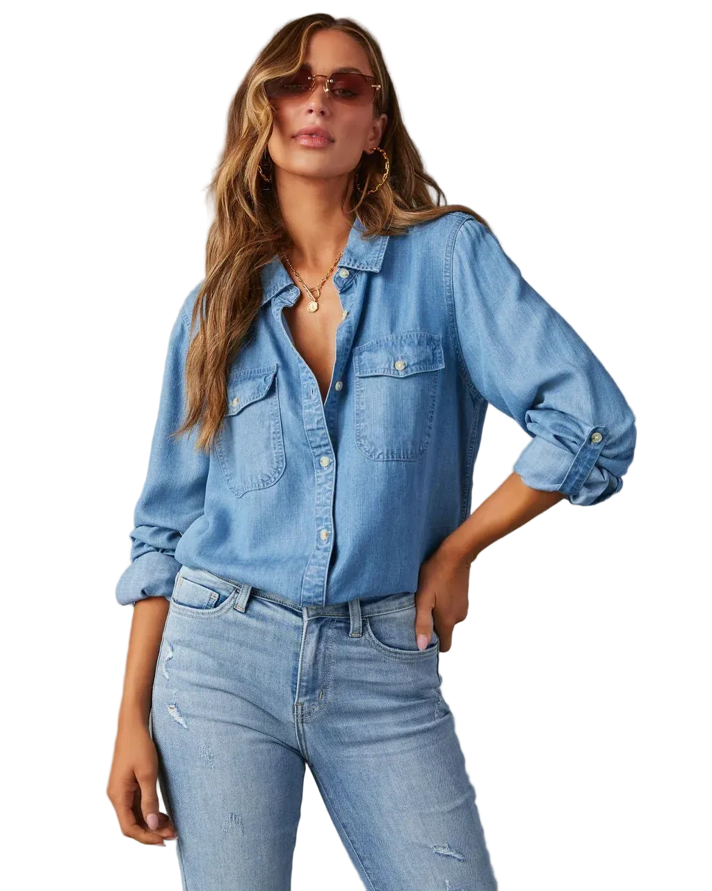 Women Casual Lapel Long-Sleeved Denim Shirt