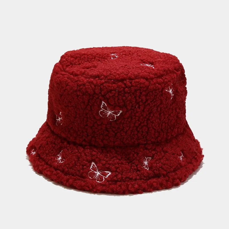 Women Creative Butterfly Embroidery Plush Bucket Hat