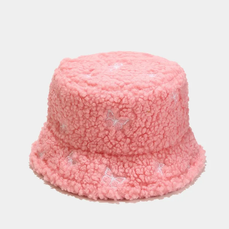 Women Creative Butterfly Embroidery Plush Bucket Hat