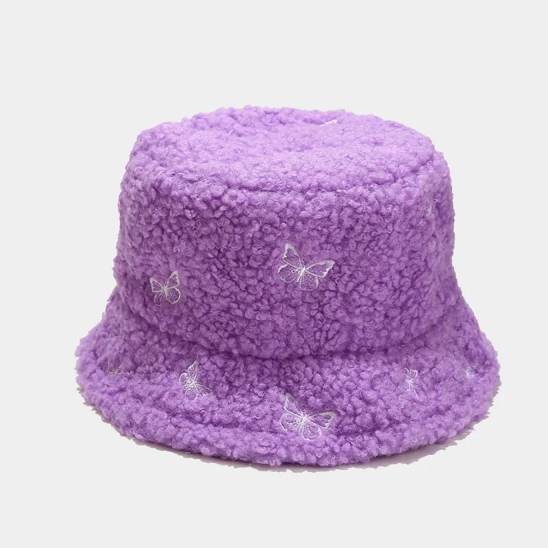 Women Creative Butterfly Embroidery Plush Bucket Hat