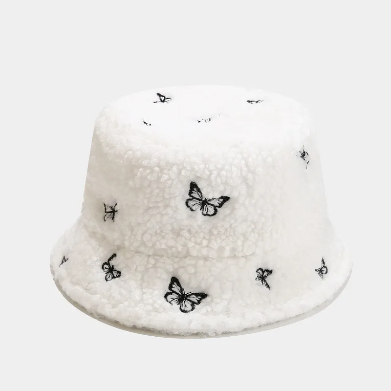 Women Creative Butterfly Embroidery Plush Bucket Hat