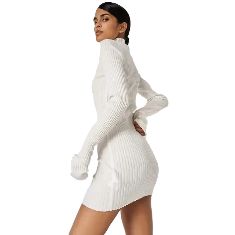 Women Casual Long Sleeve Rib-Knitted Dress