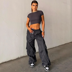 Women Casual High Waist Loose Straight Cargo Pants