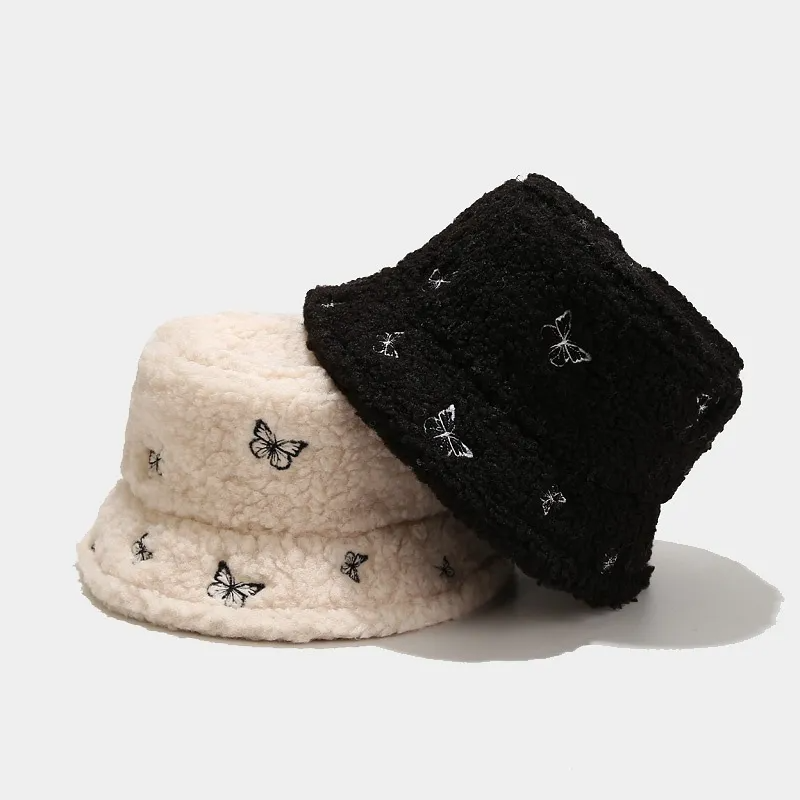 Women Creative Butterfly Embroidery Plush Bucket Hat