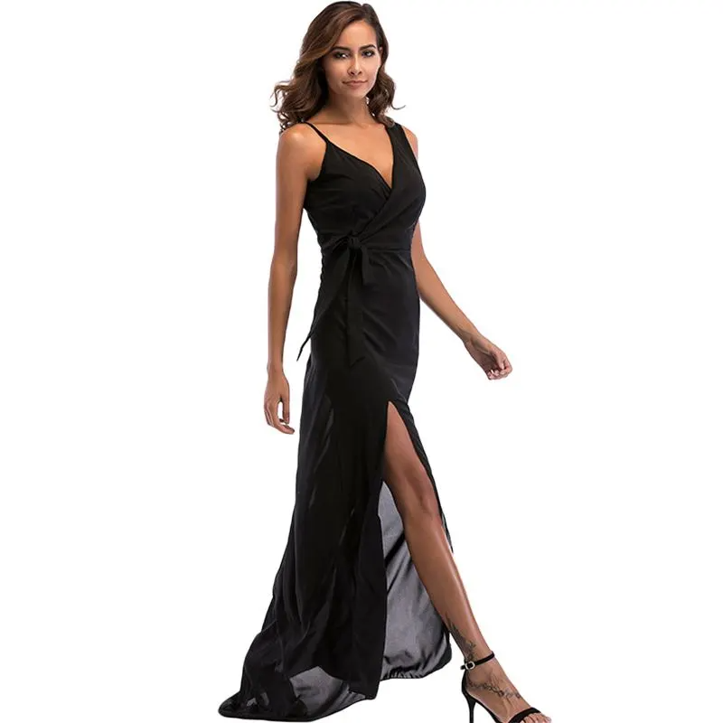 Women Black Deep V-Neck Sleeveless Long Split Dress