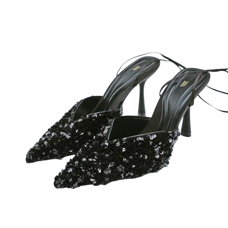 Women Black Sequined Slingback Stiletto