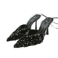 Women Black Sequined Slingback Stiletto