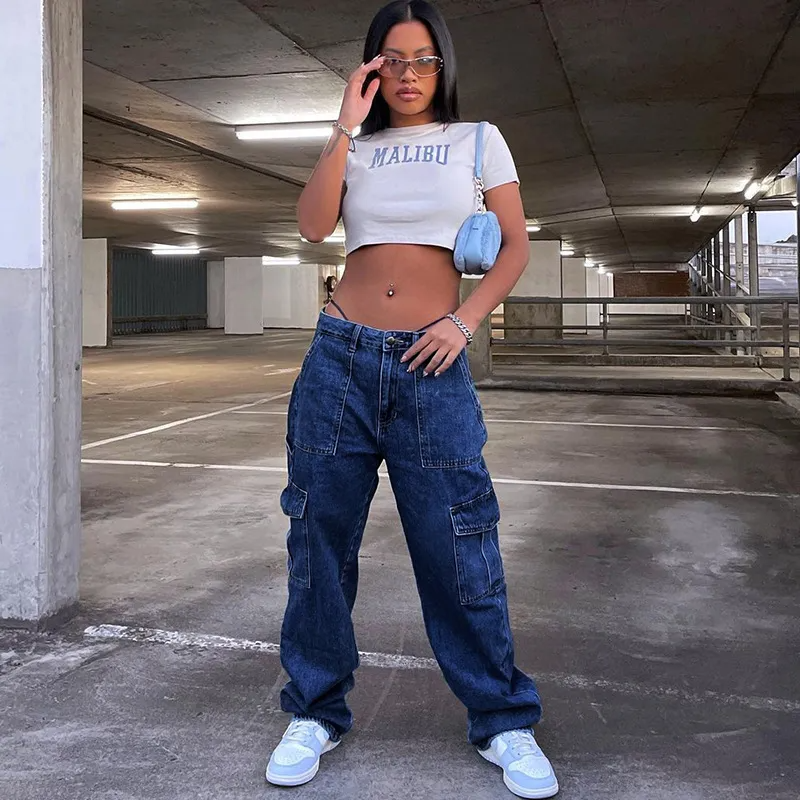Women Casual Multi-Pocket Straight Jeans Cargo Pants