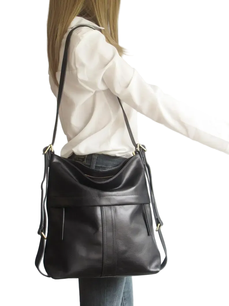 Accessories Women Vintage Black Waxed PU Leather Backpack Shoulder Bag