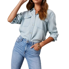Women Casual Lapel Long-Sleeved Denim Shirt