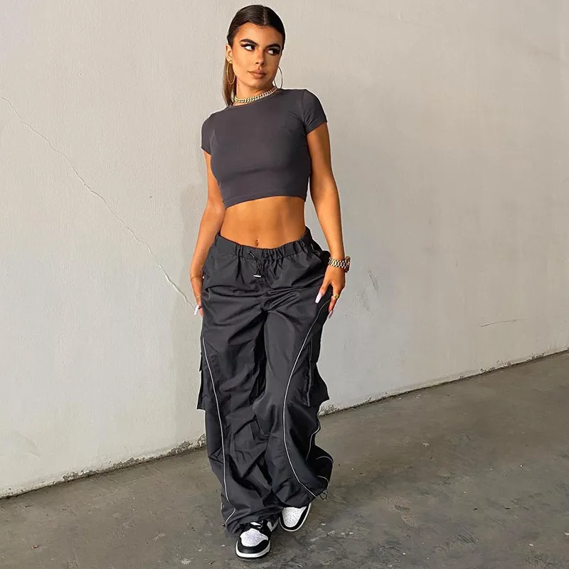 Women Casual High Waist Loose Straight Cargo Pants