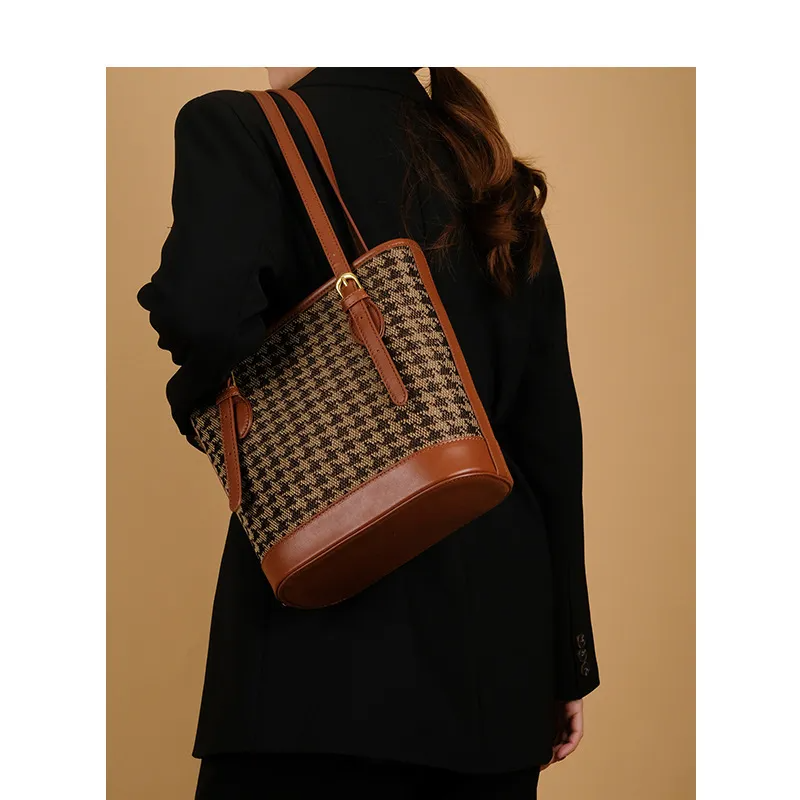 Accessories Women Vintage Houndstooth Bucket Shoulder Bag