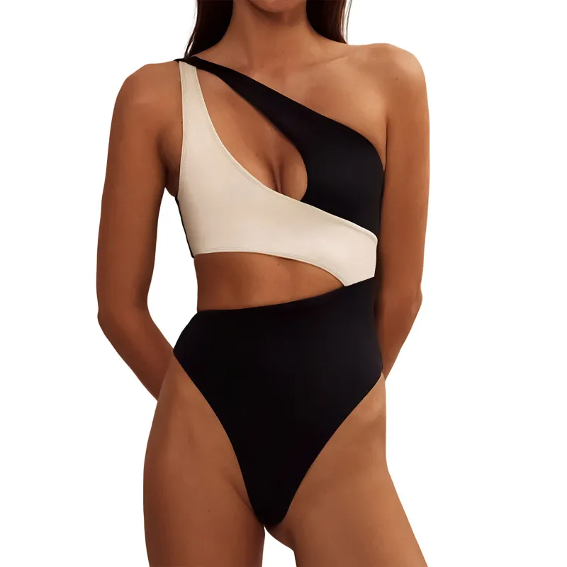 Women Black White Stitching Oblique Shoulder Hollow One-Piece Swimsuit