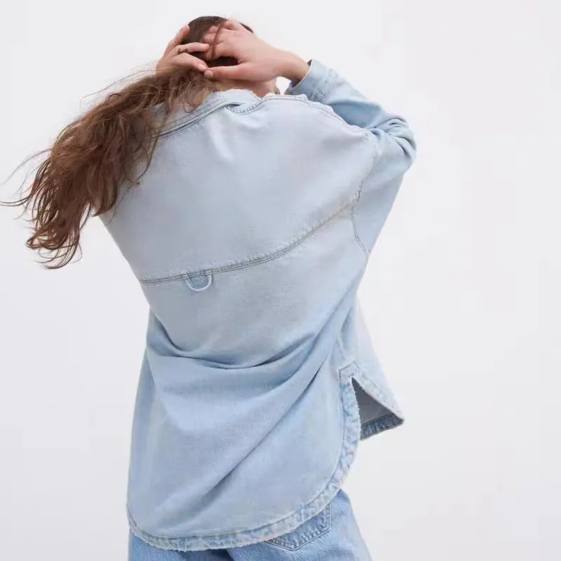 Women Casual Long Sleeve Lapel Denim Shirt