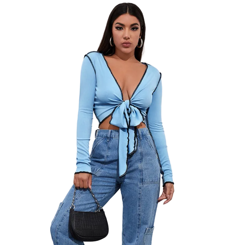 Women Bow Knotted Long-Sleeved Rib-Knit Crop Top