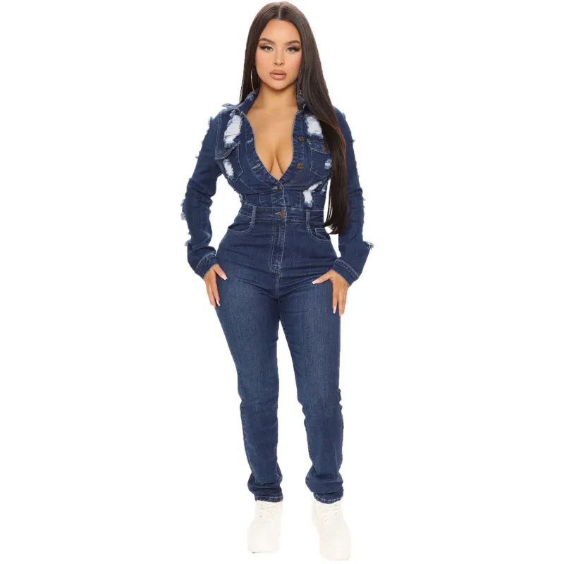Women Casual Long Sleeve Button Rapped Denim Jumpsuits