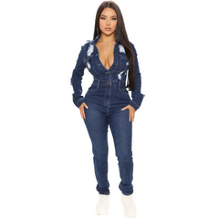 Women Casual Long Sleeve Button Rapped Denim Jumpsuits