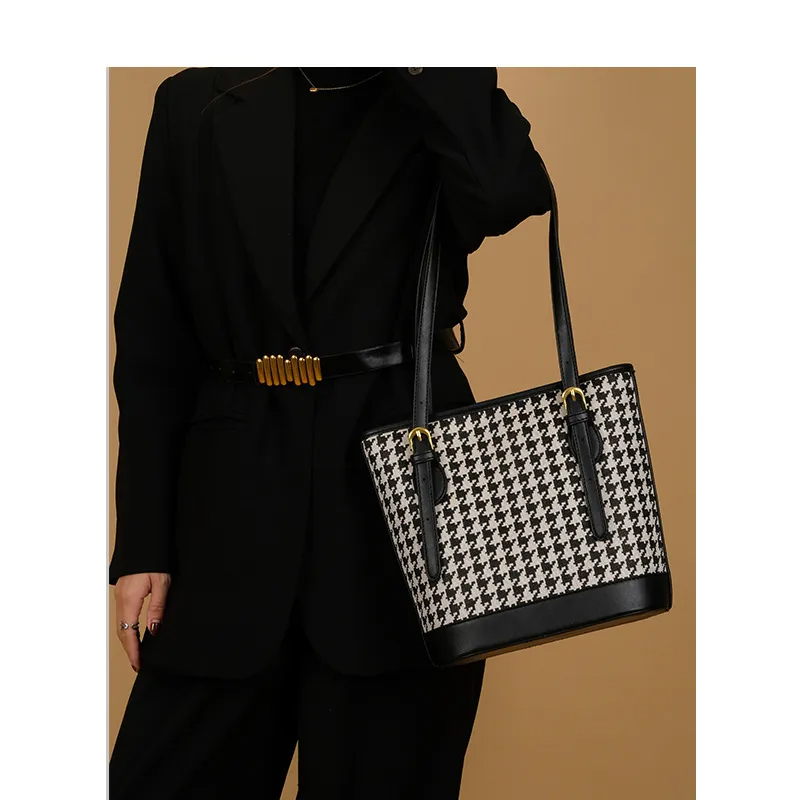 Accessories Women Vintage Houndstooth Bucket Shoulder Bag