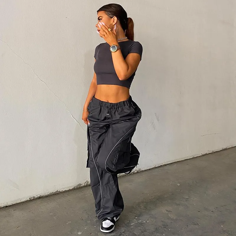 Women Casual High Waist Loose Straight Cargo Pants