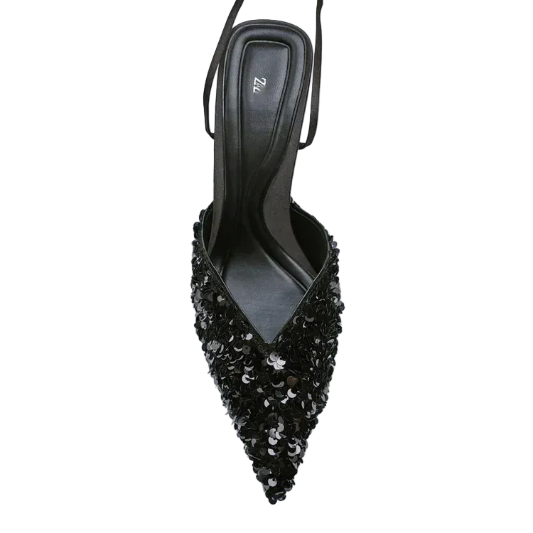 Women Black Sequined Slingback Stiletto