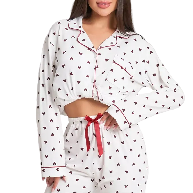 Women Casual Heart Print Long Sleeve + Pants Pajamas Set