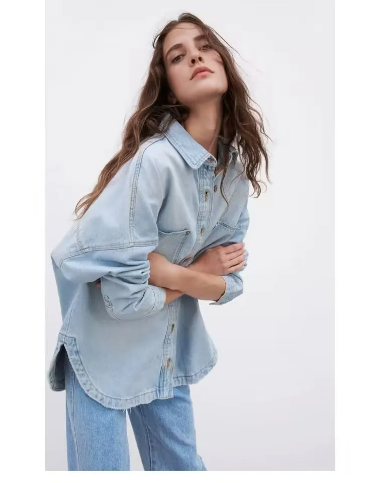 Women Casual Long Sleeve Lapel Denim Shirt
