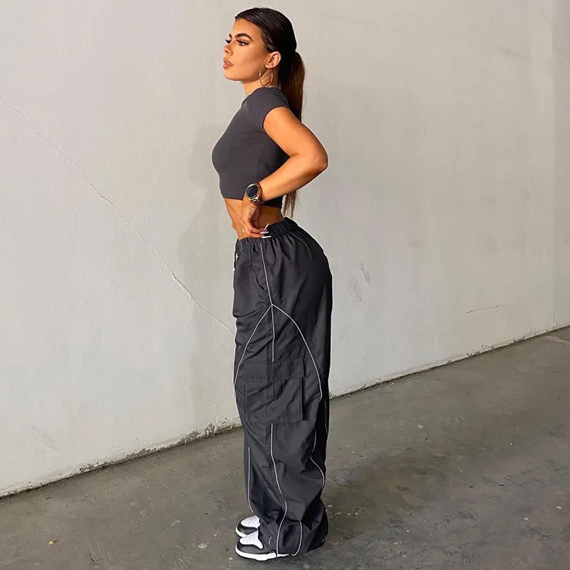 Women Casual High Waist Loose Straight Cargo Pants