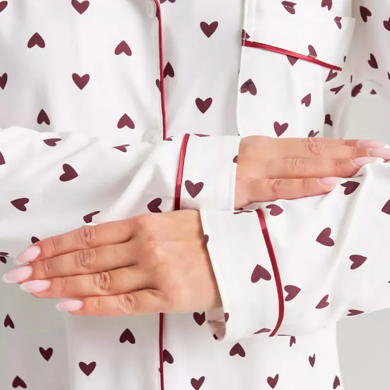 Women Casual Heart Print Long Sleeve + Pants Pajamas Set