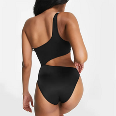 Women Black White Stitching Oblique Shoulder Hollow One-Piece Swimsuit