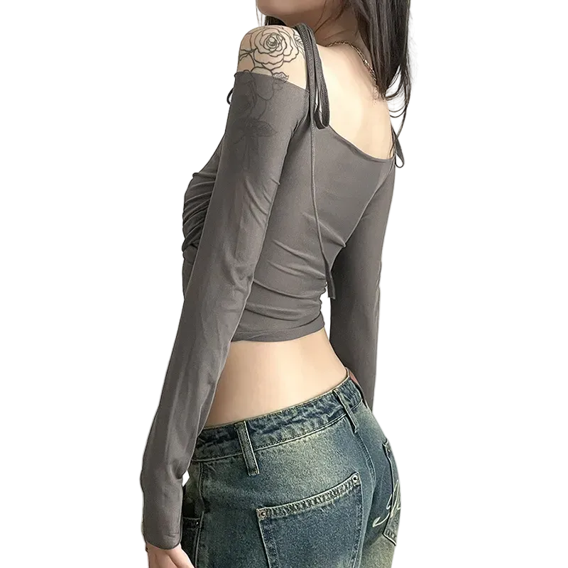 Women Boat Neck Mesh Long Sleeve Top