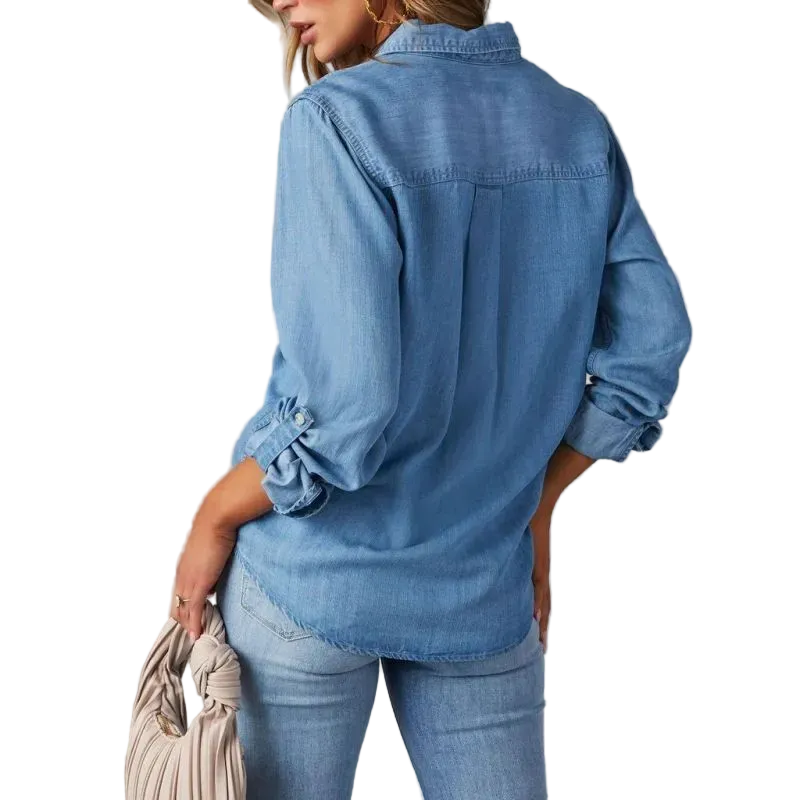 Women Casual Lapel Long-Sleeved Denim Shirt