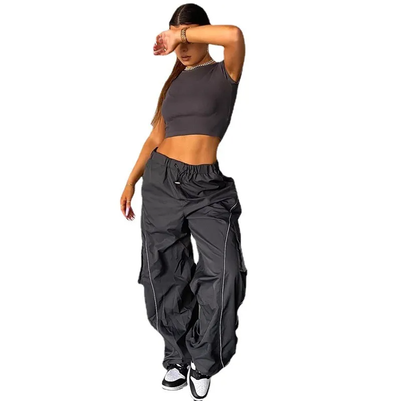 Women Casual High Waist Loose Straight Cargo Pants