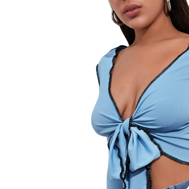 Women Bow Knotted Long-Sleeved Rib-Knit Crop Top